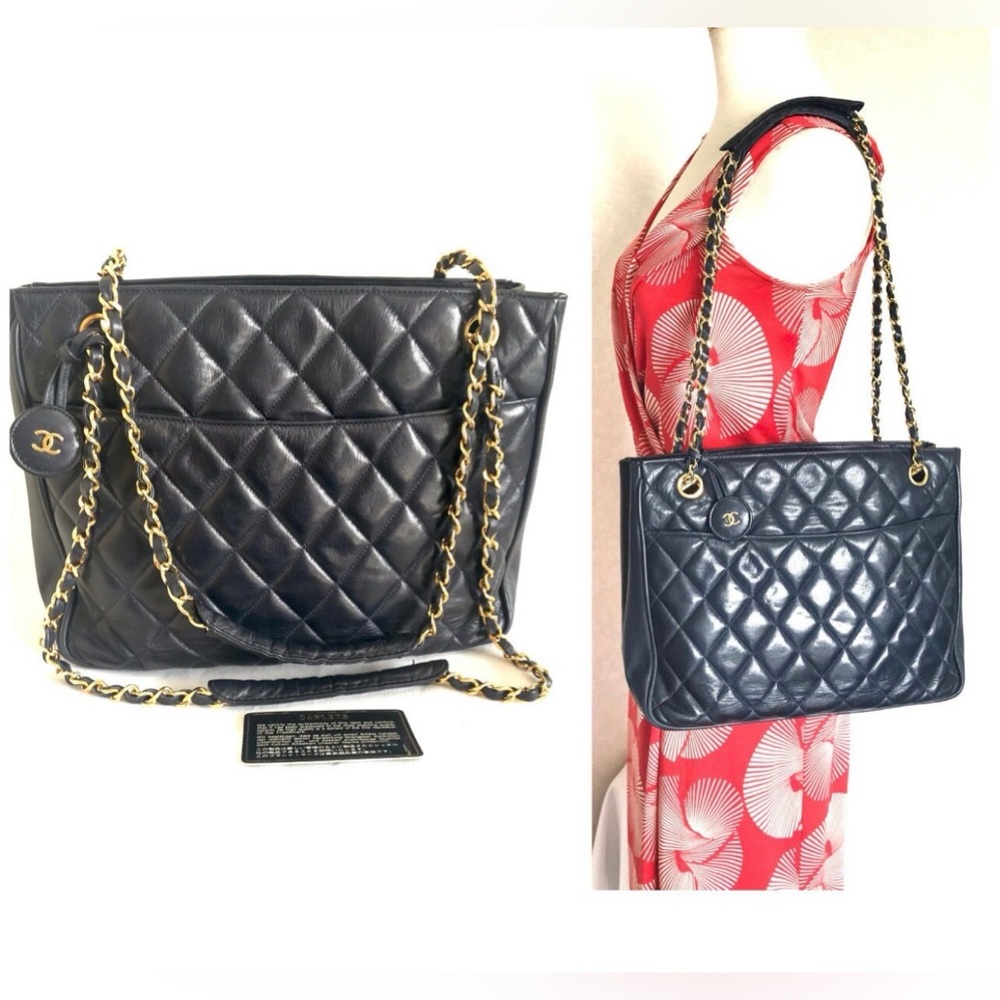 Vintage CHANEL dark navy quilted lambskin tote bag